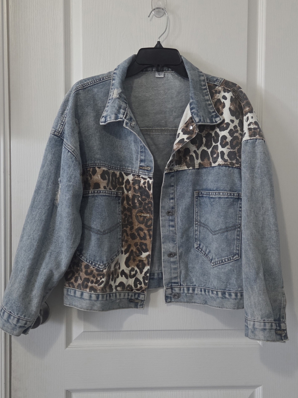 Women's Light Blue Distressed Denim Jacket with Leopard Print Panels